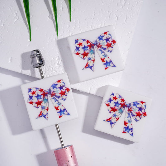 Red Blue White Star Patterns in Bowknot, Flat Square Shape Silicone Focal Beads