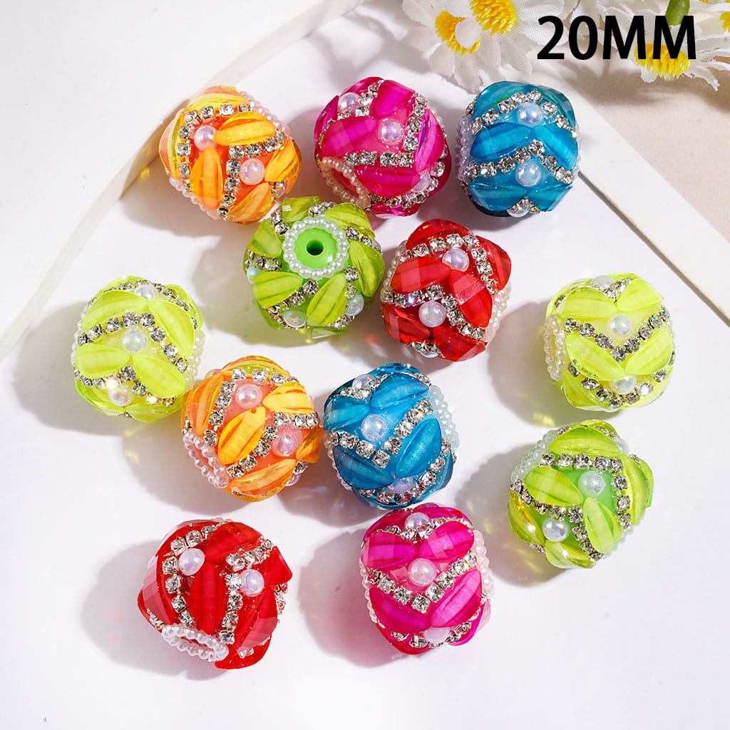 Luxury Leaf Rhinestones & Half Faced Pearls with Clear Rhinestone & White Pearl Chains, Handmade Acrylic Beads, 20MM, Neon Colors Random Mix