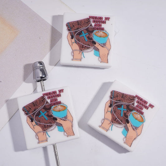 Hand Holding Christianity Bible and Coffee Cup Print Flat Square Shape Silicone Focal Beads