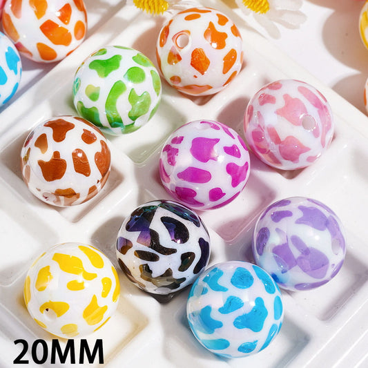 UV Coating Cow Print Round Acrylic Beads for Bracelets, 20MM, Assorted Colors, Random Mix