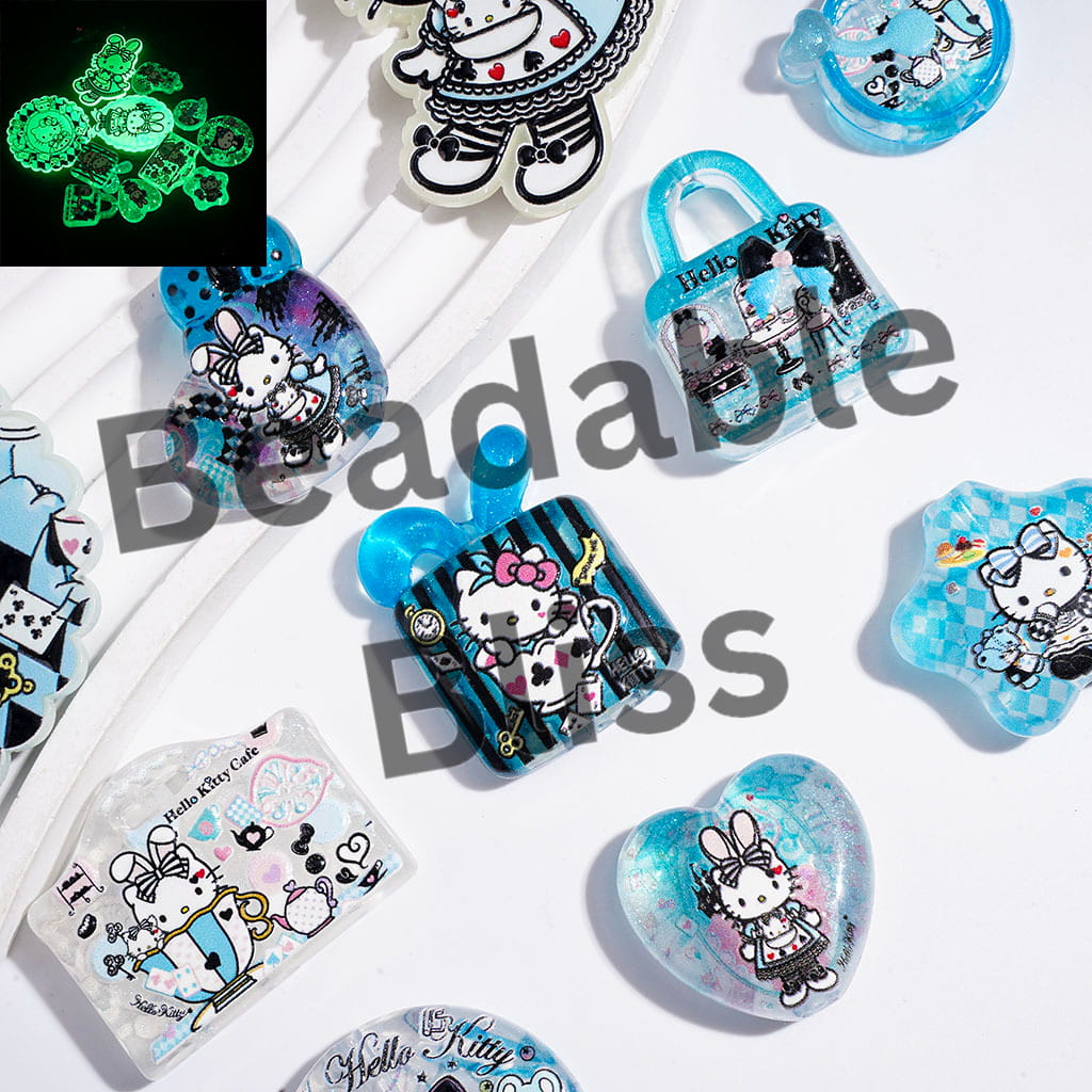 Luminous Cute Cat Characters in Poker Theme Acrylic Beads and Pendants, Blue Series, Random Mix