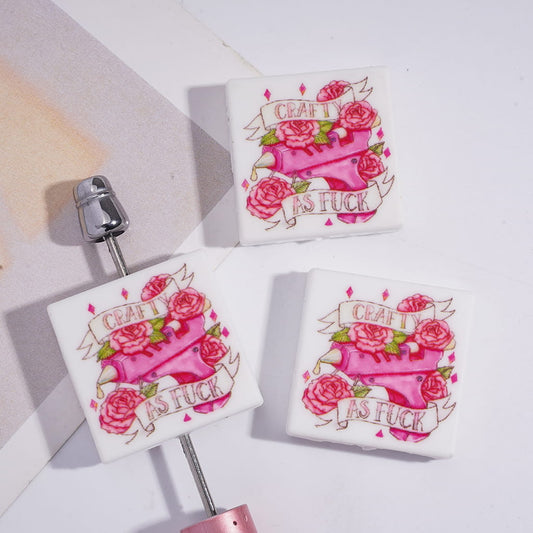 Pink Hot Glue Surround by Rose Flower Print with Text "Crafty AS HUMOR", Flat Square Shape Silicone Focal Beads