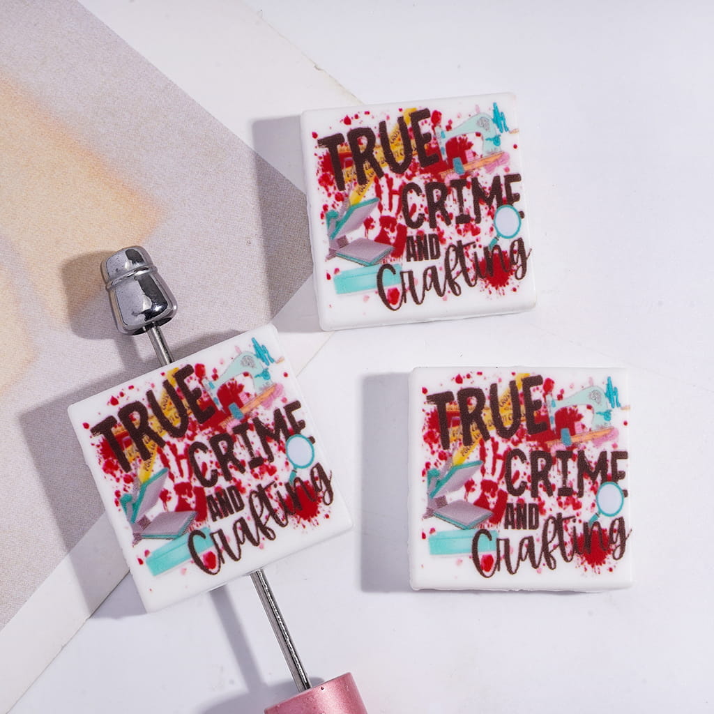 Flat Square Shape Silicone Focal Beads Print with Text "TRUE CRIME AND CRAFTING" on Bloodstain Tools Patterns