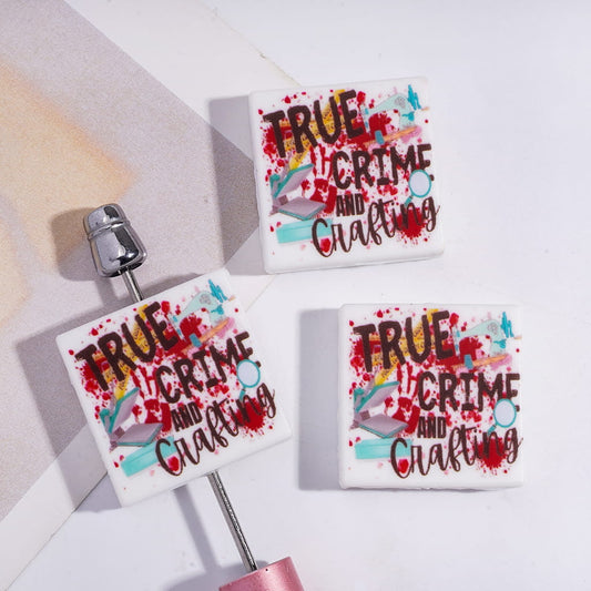 Flat Square Shape Silicone Focal Beads Print with Text "TRUE CRIME AND CRAFTING" on Bloodstain Tools Patterns