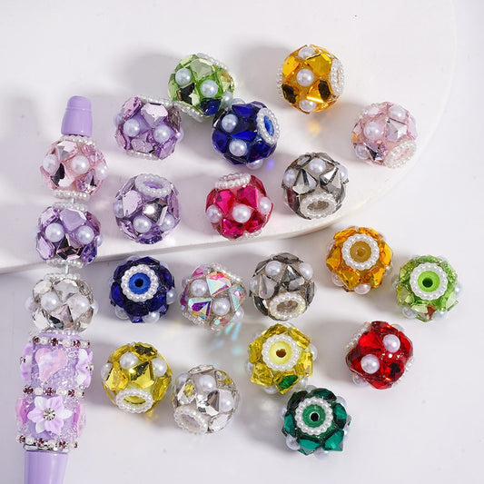 Shiny Diamond Shaped with Rhinestones & White Pearls Acrylic Beads 16mm Multi Color Mix