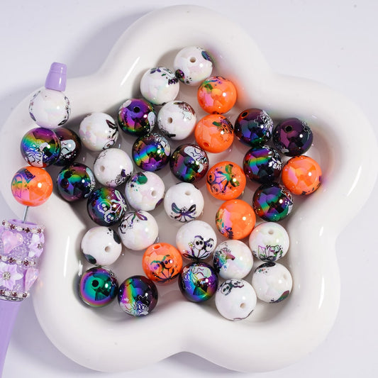 UV Coated Halloween Ghost, Skeleton Mix in Black, White & Orange Acrylic Beads16mm Random