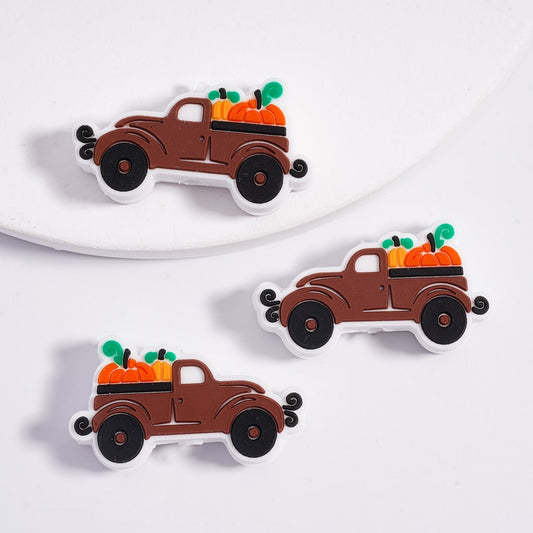 Brown Truck with Orange Pumpkins, Autumn Fall Theme Silicone Focal Beads