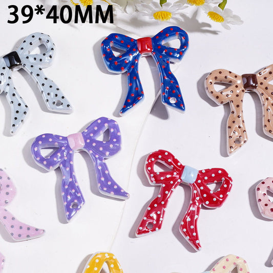Polka Dot Bow Ribbon Printed Acrylic Beads Pendant, 39*40MM, Assorted Colors, Random Mix