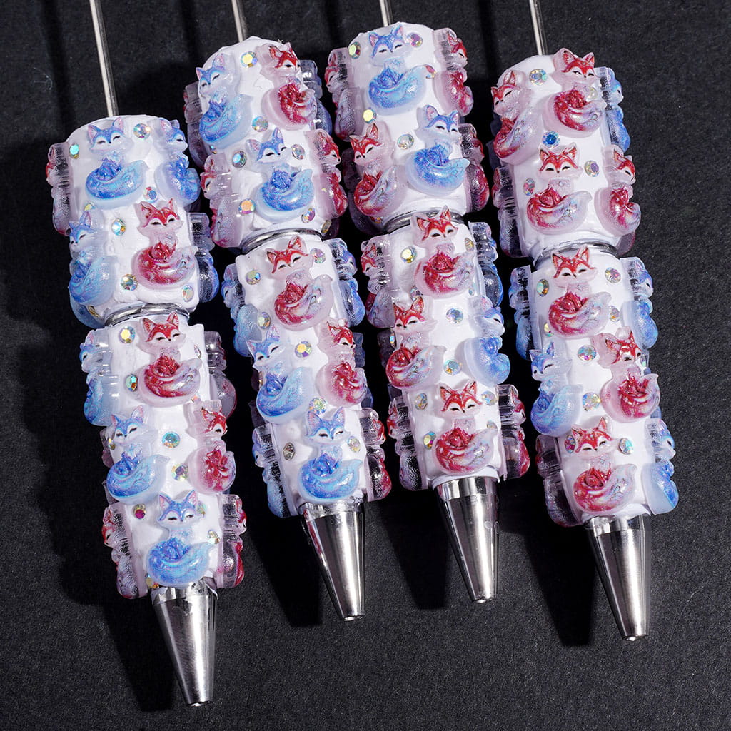 Mystical Nine-Tailed Fox in Blue & Red Design with Sparkling AB Rhinestones Beadable Clay Pens