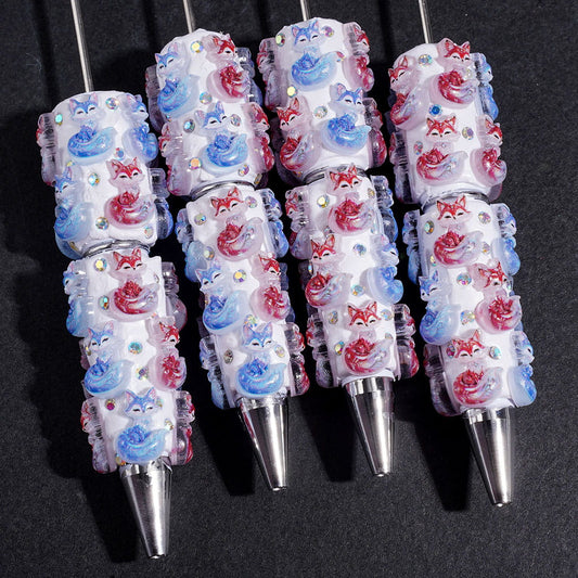 Mystical Nine-Tailed Fox in Blue & Red Design with Sparkling AB Rhinestones Beadable Clay Pens