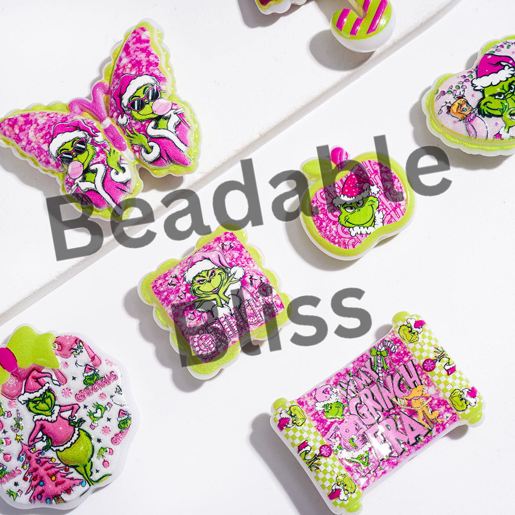 Christmas Green Characters in Pink Series Acrylic Beads and Pendants, Random Mix