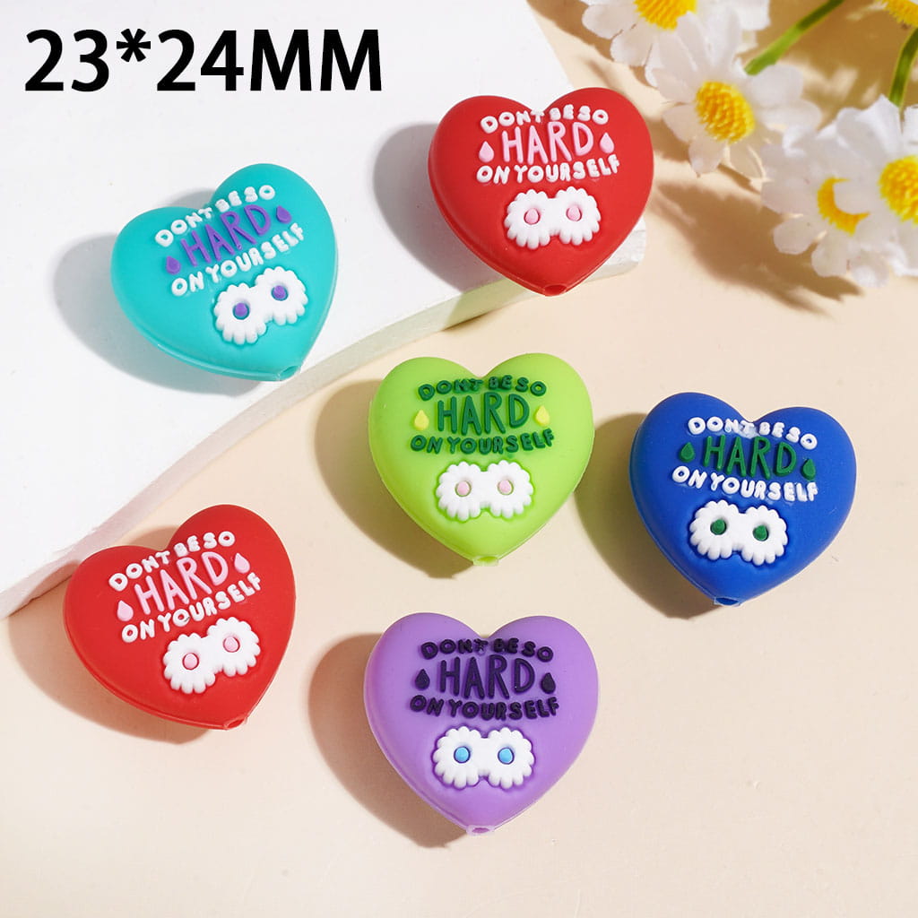 Heart-Shaped Silicone Focal Beads White Daisy Flower & Text "Don't be so hard on yourself" 23*24MM, Random Mix