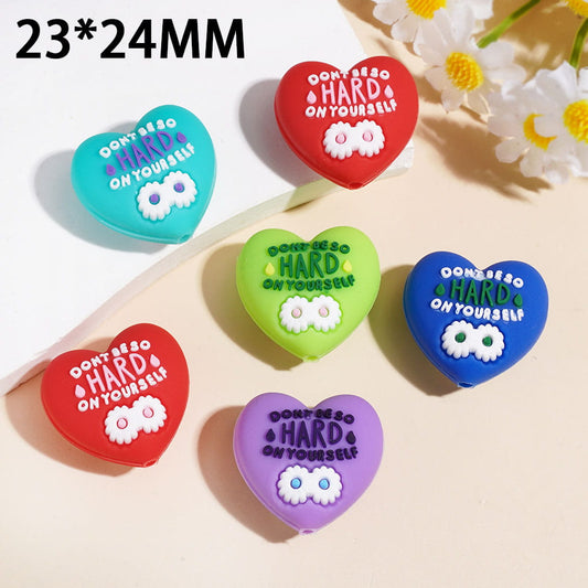 Heart-Shaped Silicone Focal Beads White Daisy Flower & Text "Don't be so hard on yourself" 23*24MM, Random Mix