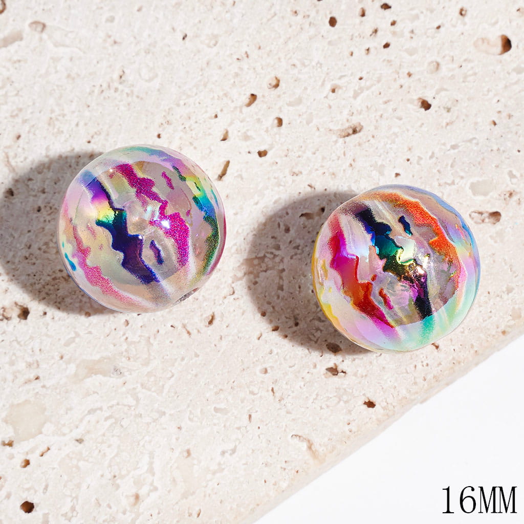 Semi-Clear Acrylic Beads for Bracelets UV Finish with Colorful Watermelon Stripes Texture, 16MM