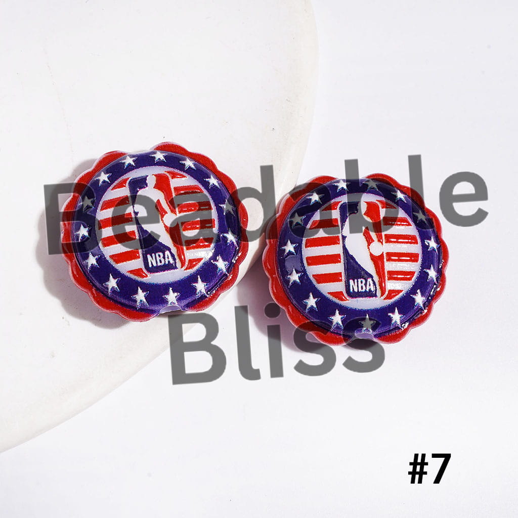 American Basketball Team Series Acrylic Beads, Round Shaped with Wavy Border, 23*25MM