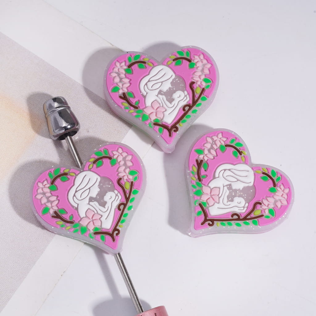 Mom Holding Baby Surround by Flower and Leaf Garland Silver Glitter Heart Shape Silicone Focal Beads