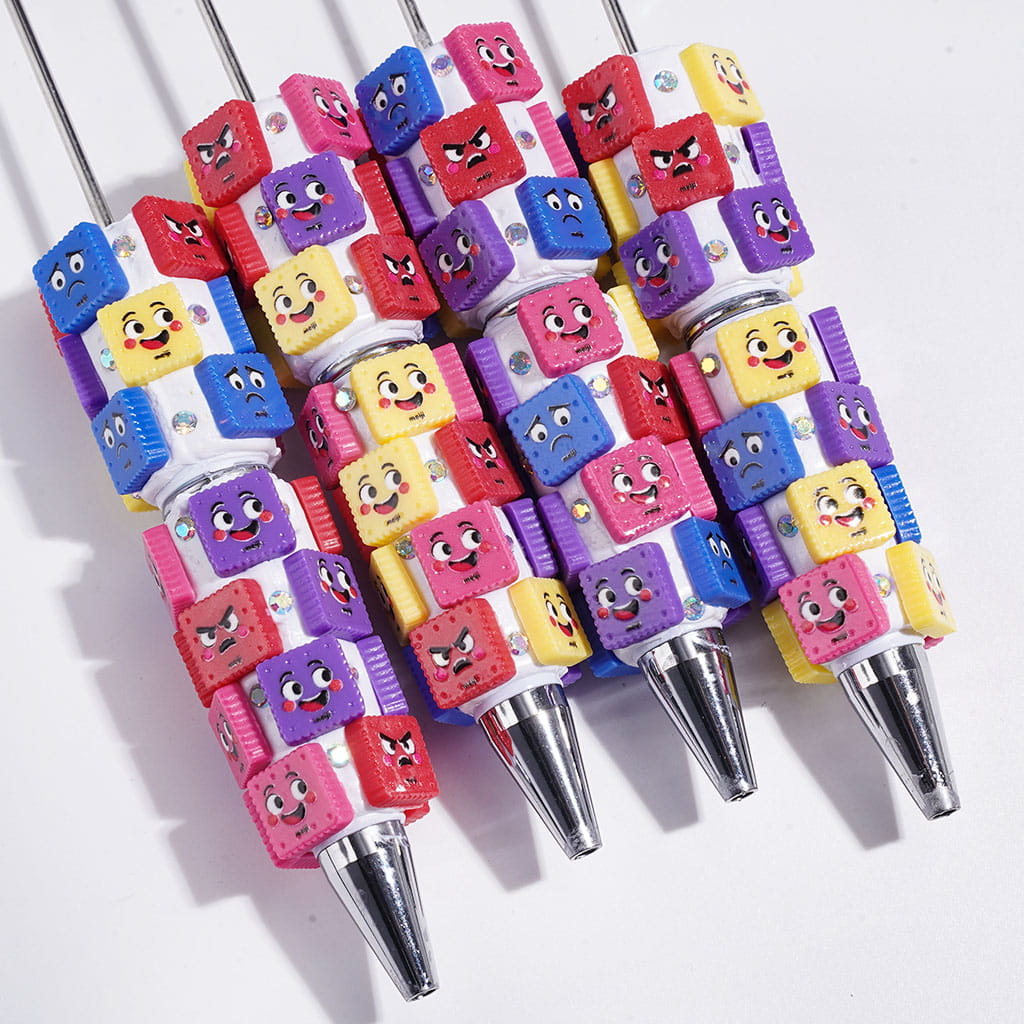Assorted Colors & Expressive Square Cookie Face Design with Sparkling AB Rhinestones Clay Pens
