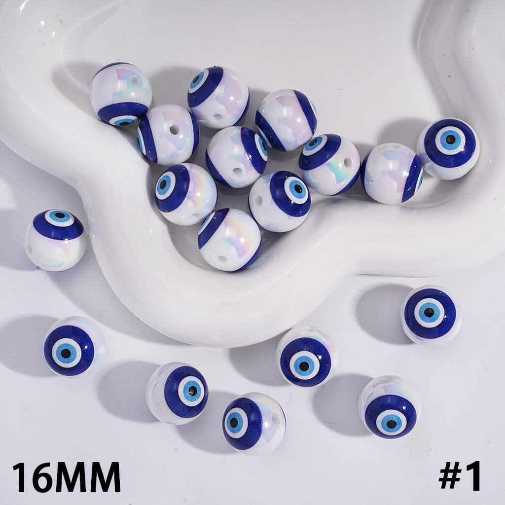 UV Coated Evil Eye Teal & Blue Protective Nazar Round Acrylic Beads 16MM