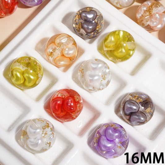 Transparent Floral Pattern Acrylic Beads for Bracelets Hearts and Gold Foil Accents, Round Shape, 16MM, Random Mix