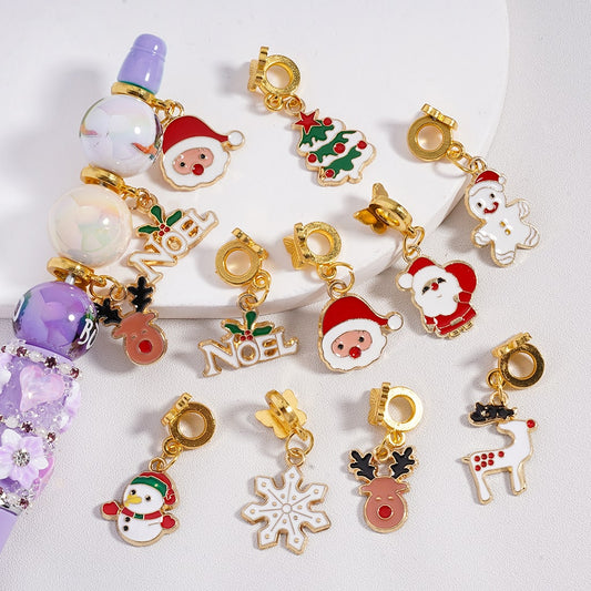 Festive Gold Alloy Bail Beads Pendants Charm Mix Butterfly, Santa, Noel, Snowflakes, Elk & Gingerbread Hat, Random Mix