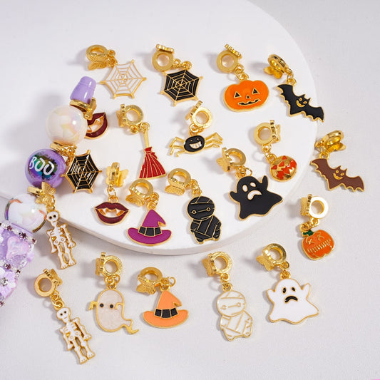 Gold Alloy with Cute Ghost, Witch, Skeleton Spider Web Bat Charms  Ghost Face Pumpkin Halloween Butterfly Pendants Bail Beads Random Mix