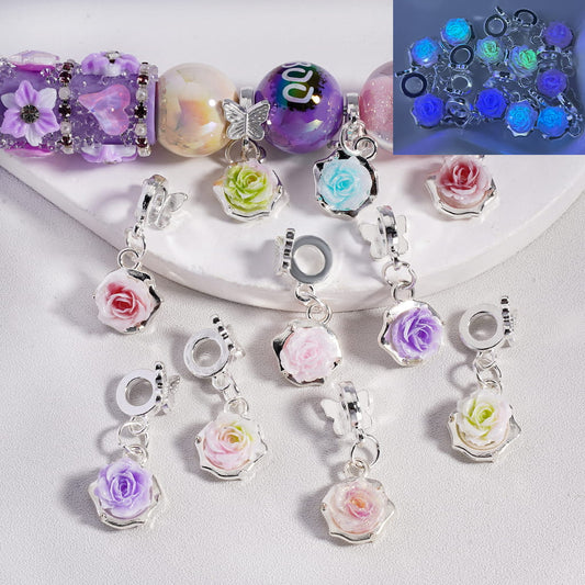 Butterfly Charm Pendant with Luminous Ombre Color Rose Flower Silver Alloy Bail Beads Random Mix