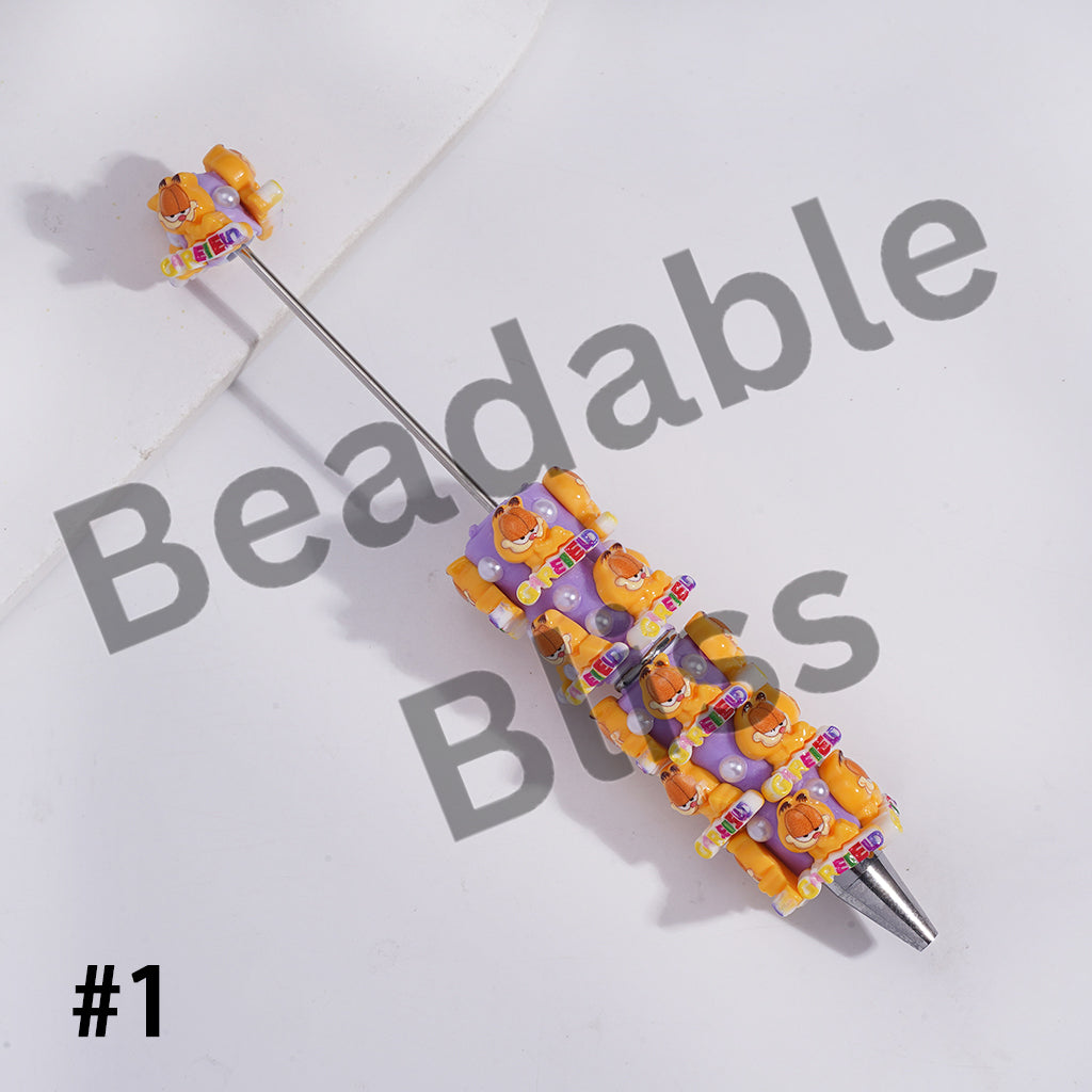 Beadable Clay Pens with Lazy Cat Character and Half-Shell White Pearls, Various Style