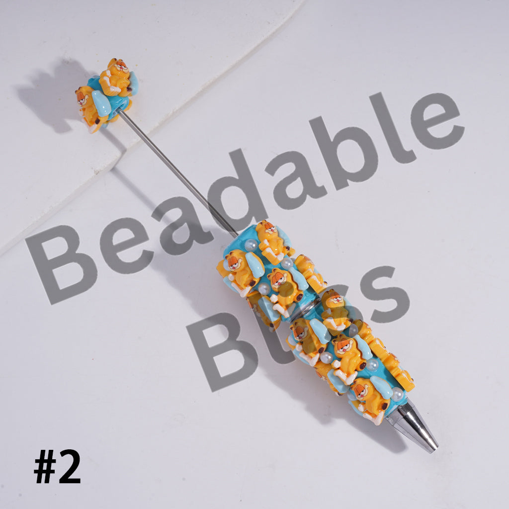 Beadable Clay Pens with Lazy Cat Character and Half-Shell White Pearls, Various Style