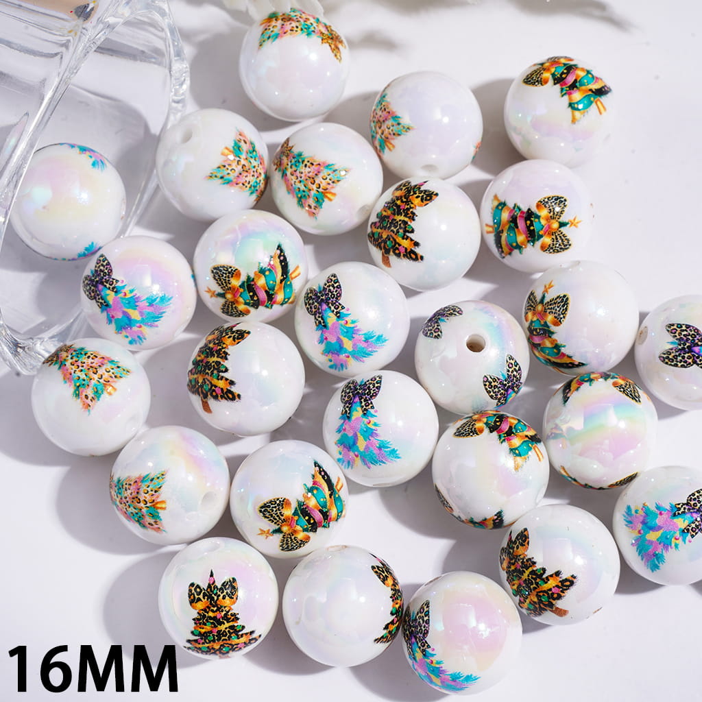 UV Coated White Iridescent Butterfly & Bee Printed Round Acrylic Beads for Bracelets, 16MM, Assorted Designs, Random Mix