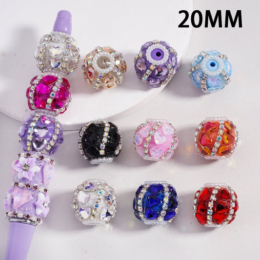 Spiral Heart Acrylic Beads Multicolor with AB Rhinestones, White Pearl Chains & Loop Accents 20mm Random Mix