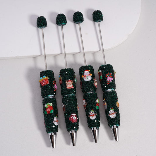Colorful Beadable Clay Pen with Green Rhinestones Christmas Charms Snowman, Candy Cane, Santa