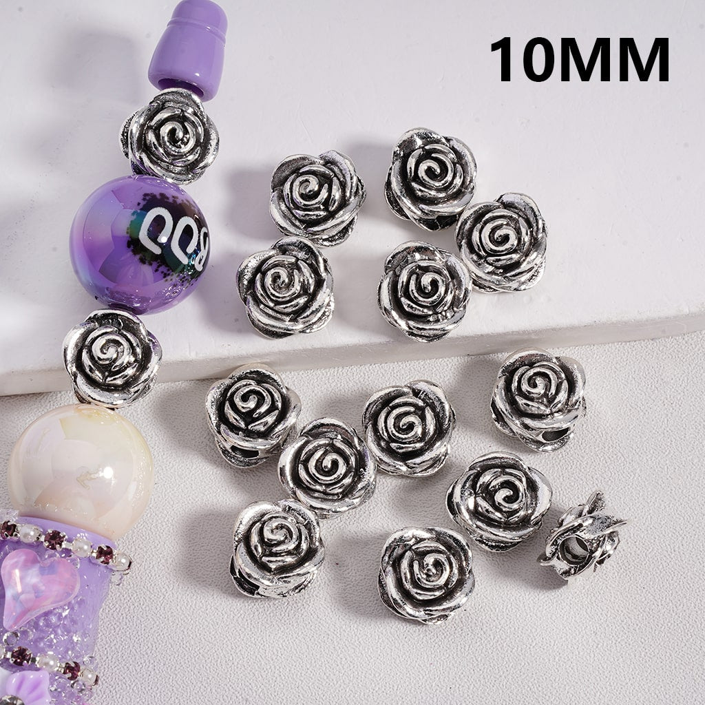Silver Alloy Rose Flower Beads Jewelry Accessories Spacer Beads 10mm