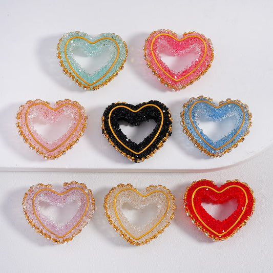 Heart Frame Clear Rhinestones Gold Stripes Multi Color Sugar Acrylic Beads 34*30MM, Random Mix