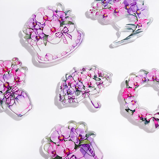 Purple Phalaenopsis Orchid Plant Theme with Cake, Umbrella, Vase, Gift Box & Flower Designs Acrylic Beads, Random Mix