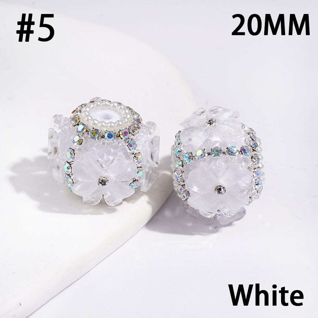 Handmade Sugar Beads w Four Leaf Clover & White Pearl Loop, Silver Metal Chains w AB Rhinestones, 20MM, Multi-Color