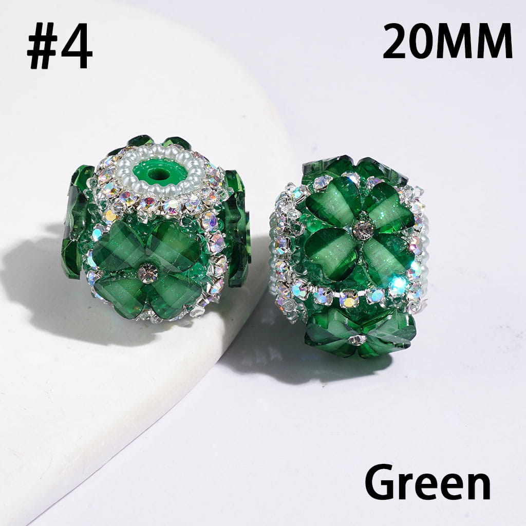 Handmade Sugar Beads w Four Leaf Clover & White Pearl Loop, Silver Metal Chains w AB Rhinestones, 20MM, Multi-Color