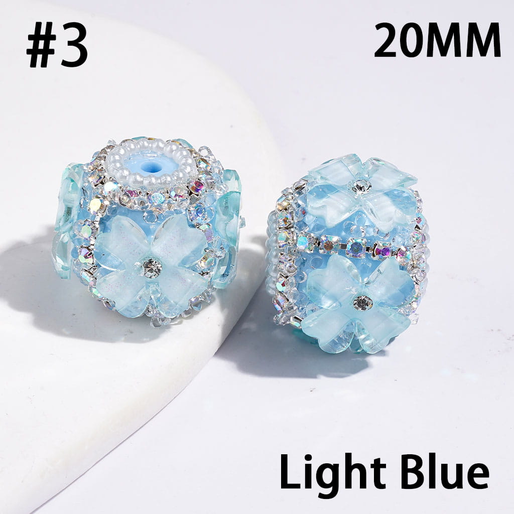 Handmade Sugar Beads w Four Leaf Clover & White Pearl Loop, Silver Metal Chains w AB Rhinestones, 20MM, Multi-Color
