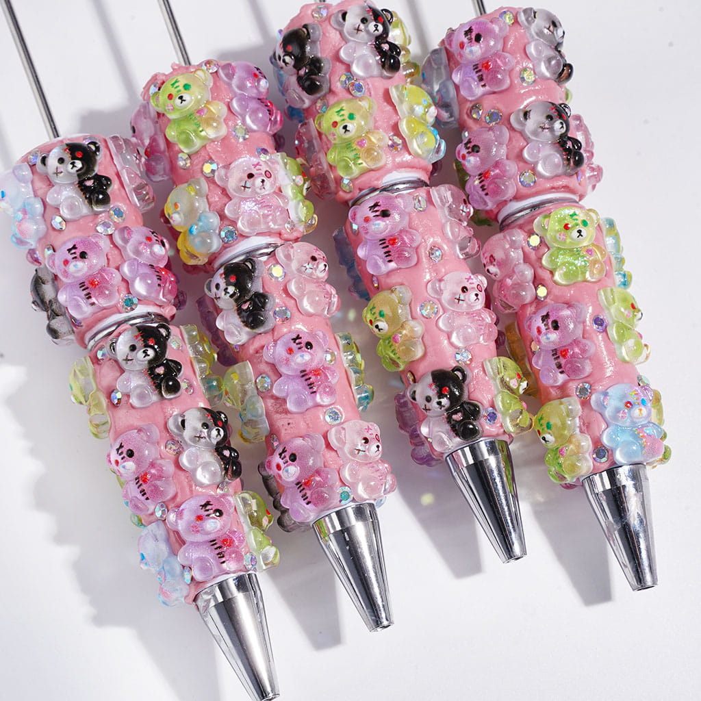 Beadable Clay Pens with Multi-Color Transparent Horror Bear and AB Rhinestones on Pink Background