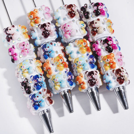 Multicolor Creepy Horror Bear Character with Sparkling AB Rhinestone White Background Beadable Clay Pens