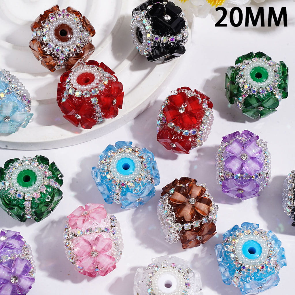 Handmade Sugar Beads w Four Leaf Clover & White Pearl Loop, Silver Metal Chains w AB Rhinestones, 20MM, Multi-Color