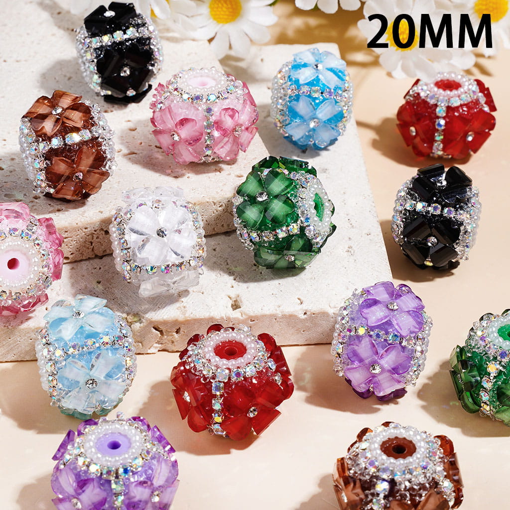 Handmade Sugar Beads w Four Leaf Clover & White Pearl Loop, Silver Metal Chains w AB Rhinestones, 20MM, Multi-Color