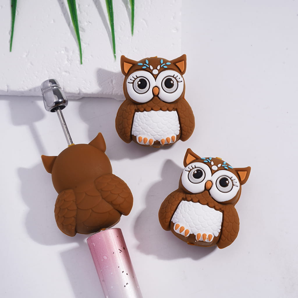 3D Cute Big Eye Pink & Brown Owl Silicone Focal Beads