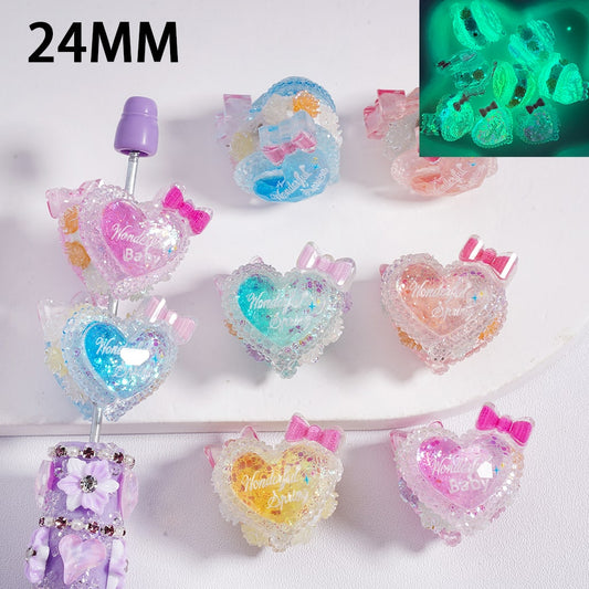 Luminous Heart shaped Acrylic Beads with Cute Pink Bow Shiny Flake Mini Flowers 24mm Random Mix