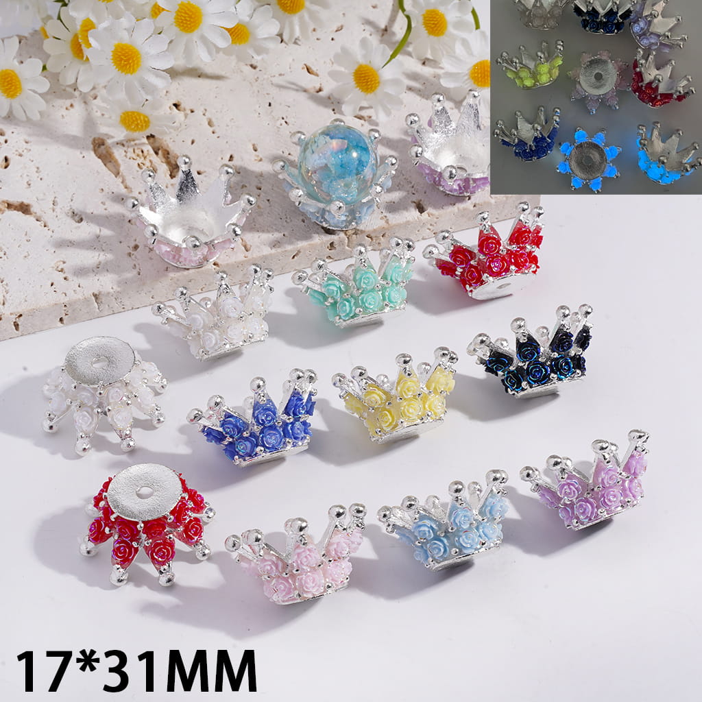 Luminous Rose Flowers Silver Color Crown Shape Metal Beads 17*31MM