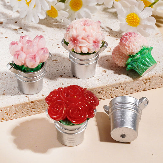 Mini Flower Pot Bouquet Acrylic Beads with Silver Bucket Base, Multi Colors Random Mix