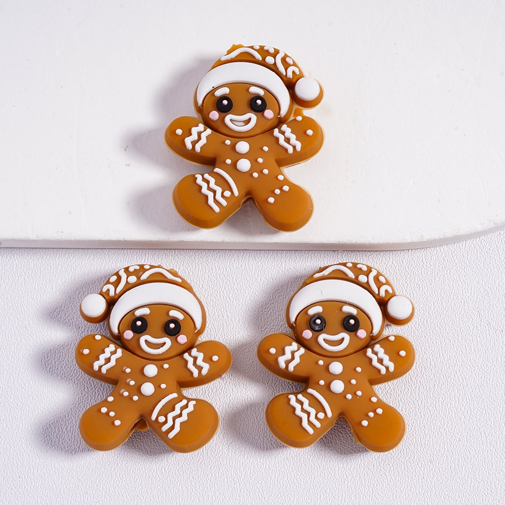 Christmas Gingerbread Cartoon Character Silicone Focal Beads with Santa Hat Cute Holiday Design