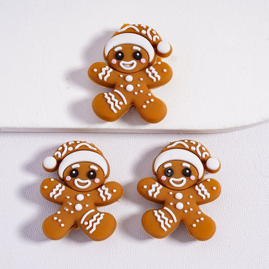 Christmas Gingerbread Cartoon Character Silicone Focal Beads with Santa Hat Cute Holiday Design