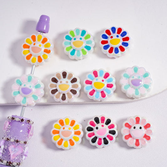UV Coated Cute Smiley Face Flower Pattern Multi Color Acrylic Beads 20MM Random Mix