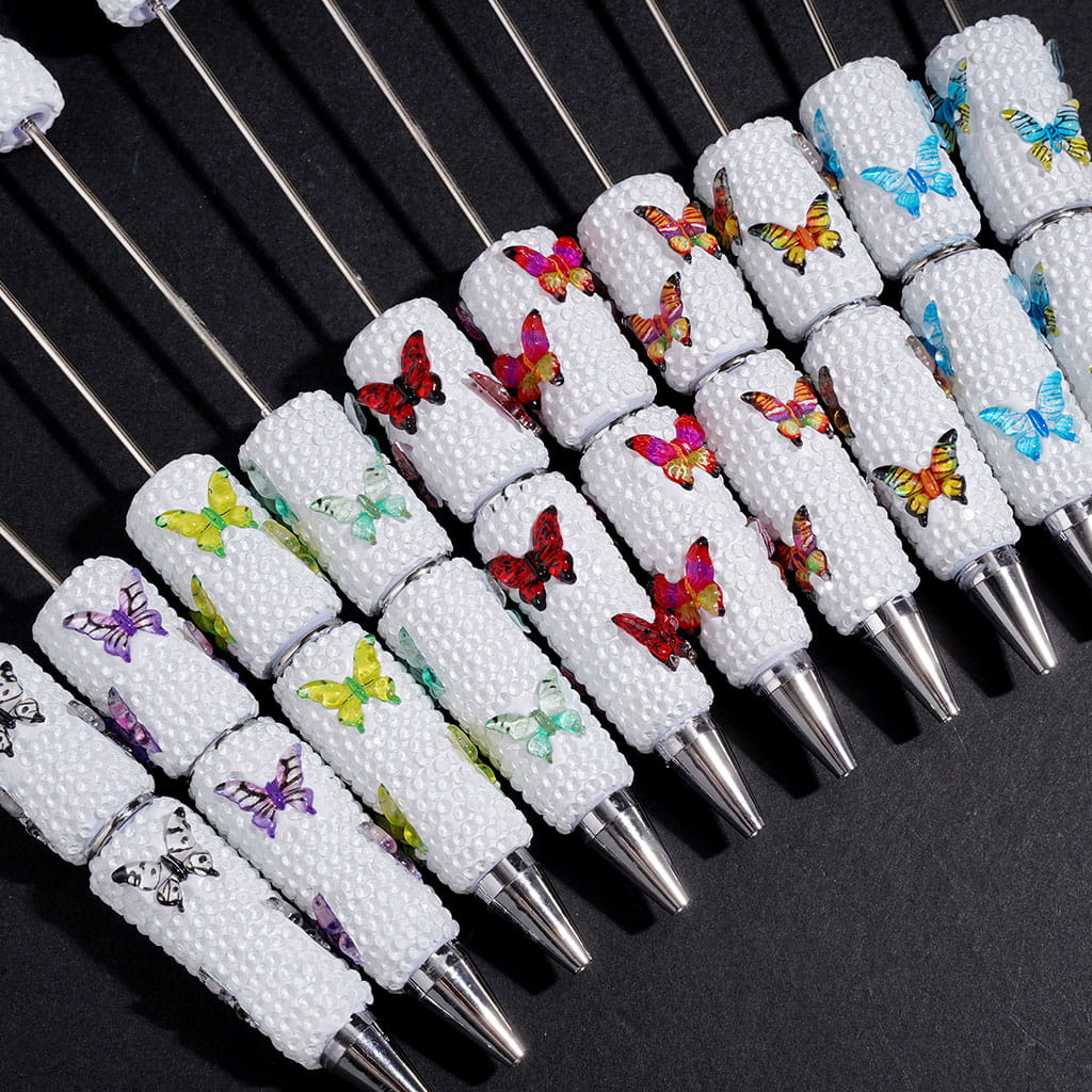 Butterfly Rhinestone Beadable Clay Pen White Background, Various Colors Random Mix