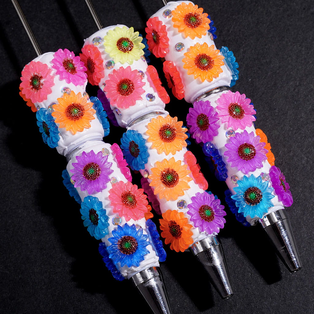 Beadable Clay Pens with Bright Colored Daisy Flowers and AB Rhinestones